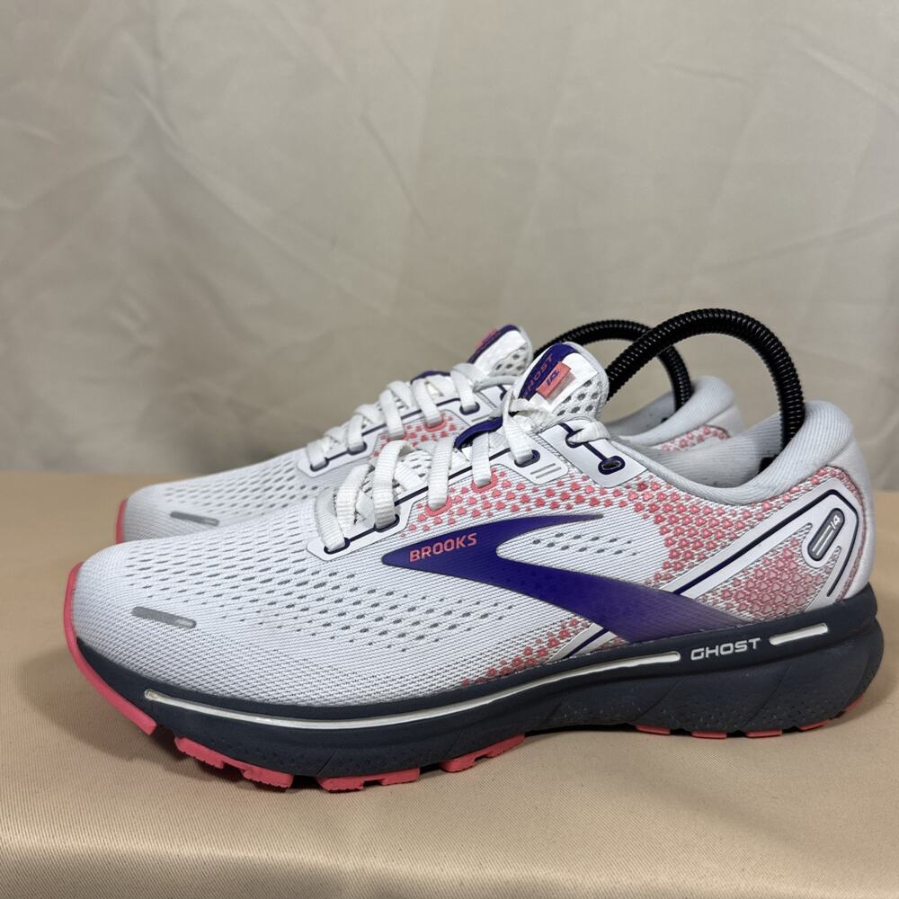 Brooks Ghost 14 Womens 9.5 B Running Shoes White Purple Pink Athletic Sneaker